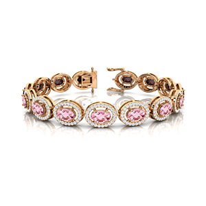 สร้อยข้อมือเทนนิสทองคำ 14k ประดับมอร์แกไนต์ทรงรีธรรมชาติ พร้อมเพชรแบบฮาโล ความยาวสั่งทำได้ เครื่องประดับชั้นดี สร้อยข้อมือเทนนิสหรูหราประดับเพชร - Product Image 1