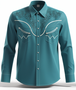 เสื้อเชิ้ตคาวบอยสไตล์ตะวันตกสำหรับผู้ชายสุดหรู ผ้าโพลีเอสเตอร์ 100% ทรงปกติ ป้องกันรอยยับ ปักลายดอกไม้ ติดกระดุมด้านหน้า มีโลโก้ แขนยาว - Product Image 1