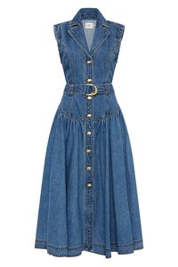 Robe en jean bleu sans manches, plissée à plusieurs niveaux, longueur midi, boutonnée sur le devant, style dos nu, pour les occasions décontractées et les soirées - Product Image 3
