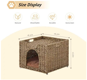 Handwoven Fiber Cat Bed Cave Square <b>Indoor</b> All Seasons Collapsible Pet Bed for Cats Natural Color Durable Design - Product Image 6