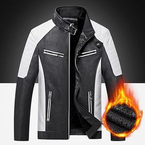 <b>Men's</b> Black And <b>White</b> PU Leather Moto <b>Jacket</b> Stand Collar Zipper Closure Regular Fit Color Blocking Autumn Wear - Product Image 3