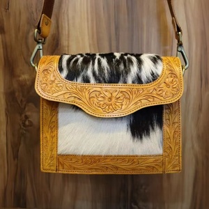 Cheveux sur cuir usiné Crossbody Messenger bag Western Bag Hair on Western Tooled Leather for women - Product Image 1
