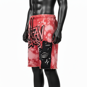 กางเกงขาสั้นผ้าฝ้ายฟลีซย้อมสีเอซิด แดง ขาว ลายมัดย้อม ดำ แต่งผ้าแบบแอพพลิเค พร้อมสกรีนโลโก้ตามสั่ง เอวแบบรูดเชือก สำหรับผู้ชาย - Product Image 3