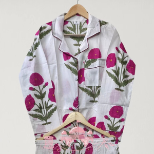 Women's Luxury Pure Cotton Hand Block Printed Summer Autumn Night Suit Set Button-<b>Down</b> Collared Long Sleeve Shirt Adjustable - Product Image 1