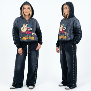 Men Mickey Mouse Printed Solid Split Hem Leopard Hooded Tracksuit Full Length Zipper Front Casual Loose Fit Autumn Wear - Product Image 6