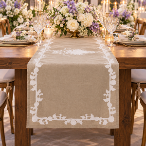 Chemin de table élégant en lin naturel brodé de motifs floraux, style vintage, avec feuilles blanches, pour mariages et dîners - Product Image 1