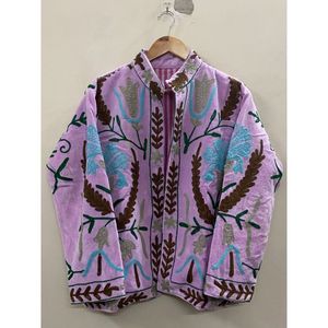 <b>Women's</b> Purple <b>Velvet</b> Jacket Mandarin Collar Floral Embroidery Prairie Chic Autumn <b>Coat</b> Handmade Suzani <b>Velvet</b> Jacket - Product Image 1