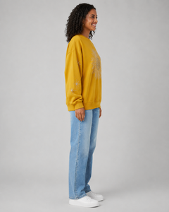 Women's Oversized Yellow Crewneck Sweatshirt With Rhinestone <b>Sequined</b> Sunflower Print Regular Sleeve Knitted Cotton Autumn Style - Product Image 5