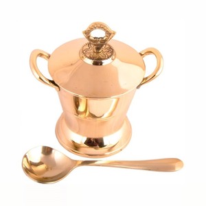 Handcrafted hammered copper cooking <b>pot</b> with polished brass <b>lid</b> and sturdy brass side handles designed for traditional kitchen - Product Image 4