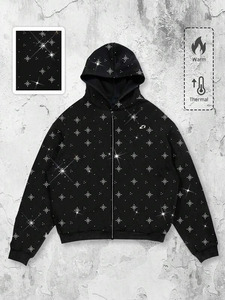 Sudadera con capucha de algodón polar extragrande con cremallera para hombre, con pedrería de estrella negra, estilo urbano, peso pesado, transpirable, para invierno, OEM, marca privada - Product Image 2