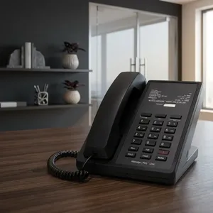 Téléphone de bureau noir avec clavier et écran d'affichage, en plastique, pour équipements hôteliers - Product Image 1