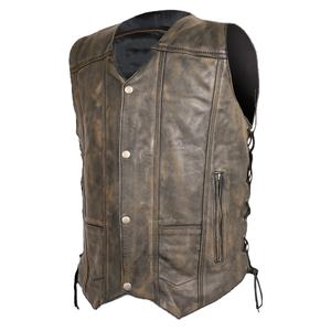 Gilet de moto en cuir de vachette vieilli marron avec système à dix poches, boutons-pression vintage, lacets latéraux en cuir, fermeture simple au dos, collection automne - Product Image 1