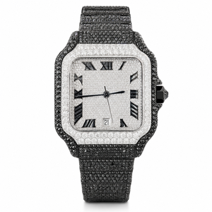 Reloj de Lujo de Dos Tonos con Incrustaciones de Moissanita, Correa de Acero Inoxidable Negra, Esfera Romana, Reloj de Cuarzo para Hombre - Product Image 2