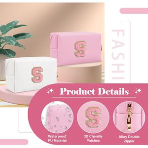 Borsetta per il Trucco Preppy con Iniziale A-Z, Piccola, in Pelle PU Rosa, Astuccio Cosmetico con Lettera in Ciniglia e Cerniera per Ragazze Adolescenti - Product Image 2