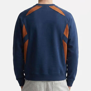 Custom Logo Men's Navy Blue Crew Neck Sweatshirt With <b>Brown</b> Patchwork Color Blocking Regular Fit Long Sleeve Knitted Cotton - Product Image 6