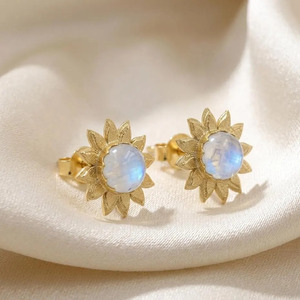 Beautiful Trendy Design Gold Plated Brass Rainbow Moonstone <b>Earrings</b>, Daily wear casual flower <b>Studs</b> For Gift - Product Image 2