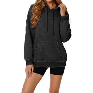 High Quality Acid Washed Women's Casual Wear Hoodies <b>Black</b> Color 100% Cotton Pullover Hip Hop Outdoor Washed Fashionable Hoodies - Product Image 2