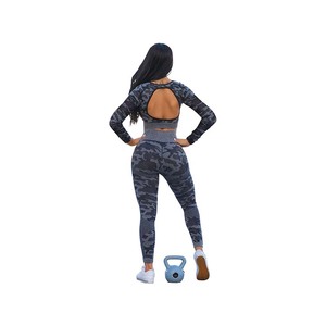 Ensemble de yoga pour femmes 2 pièces, séchage rapide, respirant, écologique, grande taille, logo uni sur le devant, haute qualité, Spandex/Polyester, col rond - Product Image 4