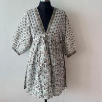 Robe mini kaftan en coton tissé imprimé à la main pour femme, motif floral, col en V, manches mi-longues, coupe ample, style bohème, tenue de villégiature, ODM Soul