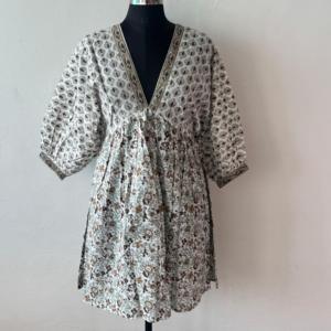 Hand Block Printed Woven Cotton <b>Kaftan</b> Dress Women Autumn Floral V Neck Loose Fit Boho Resort Wear Wholesale Export - Product Image 5