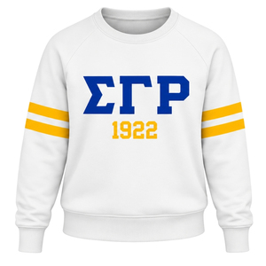 เสื้อสเวตเชิ้ตคอกลมสีขาวสำหรับผู้หญิง ลายกรีก 1922 แขนยาว ลายกราฟิก แถบแขนสีทองดำ สไตล์ลำลอง - Product Image 1