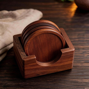 Ensemble de sous-verres en bois avec support, sous-verres ronds en bois massif, sous-verres pour tasses à café, accessoires de table décoratifs et de vaisselle modernes - Product Image 2