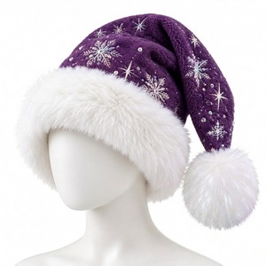 Gorro de Santa Claus a Cuadros con Brillo Morado, Borde de Piel Sintética Blanca y Pompón, para Usar en la Playa, Unisex para Adultos - Product Image 2