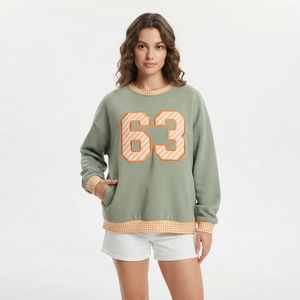 Casual Wear Women's Oversized Crew Neck <b>Sweatshirt</b> With Orange 63 Applique Plaid Cuffs <b>Long</b> Sleeve Breathable <b>Sweatshirt</b> - Product Image 1