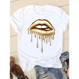 Camiseta blanca para mujer con estampado de labios dorados, cuello redondo, manga corta, informal, top de verano - Product Image 1