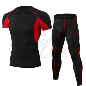 Men <b>Compression</b> Set Black With Purple Contrast Stitch Crew Neck <b>Short</b> Sleeve Full Length Sweat Wicking Yoga Wear 2 Piece - Product Image 5