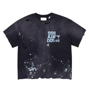 T-shirt ample en coton tricoté 100 % pour homme, nouveau design, style streetwear vieilli, coupe oversize, vente en gros - Product Image 2