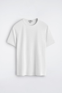 เสื้อยืดคอกลมแขนสั้นสีขาวสำหรับผู้ชาย ผ้าฝ้าย ทรงปกติ สีพื้น ผ้าถัก สไตล์มินิมอล - Product Image 3