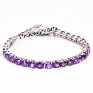 Bracelet à breloques Alexandrite, pierre précieuse changeante de couleur, violet, taille ronde 4mm-5mm, sertie clos, clarté VVS, plaqué argent, cadeau unisexe - Product Image 5