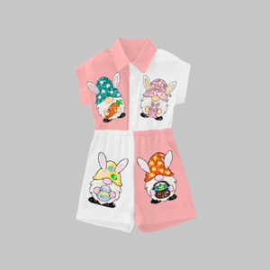 Combinaison décontractée d'été taille haute pour femme, motif lapin de Pâques mignon, design tendance personnalisé, broderie à sequins, couleur unie – Meilleure vente - Product Image 1