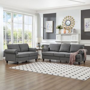 Divano Moderno Classico 2+3 Posti in Tessuto Grigio per Soggiorno, Rivestito in Poliestere con Design a Borchie - Product Image 2