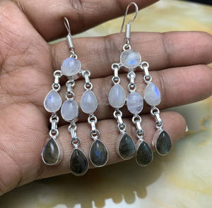 Boucles d'oreilles fines en argent sterling 925 Labradorite naturelle Pierre de lune Multi-Stone Drop Statement Style bohème Boho - Product Image 3