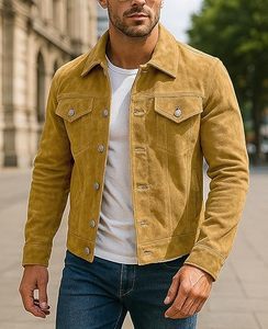 Men's Breathable Leather <b>Jacket</b> with Stand Collar and Zipper Closure Vintage <b>Suede</b> Casual Style - Product Image 1