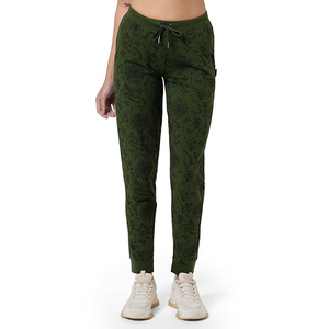 Women's Green Floral Printed Jogger Pants Mid Waist Drawstring Ankle-Length Casual Knitted Spandex Cotton Blend Pants - Product Image 1