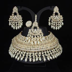 Traditional <b>Indian</b> Gold Plated Zircon Bridal Jewelry <b>Set</b> with Choker Necklace Earrings Maang Tikka & Ring for Weddings Parties - Product Image 6