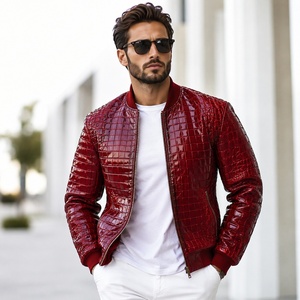 Blouson Bomber en Cuir Gaufré pour Homme - Noir, Véritable Cuir, Fermeture Éclair et Boutons, Coupe Slim Décontractée, Respirant, Motif Écossais, Luxe - Product Image 1