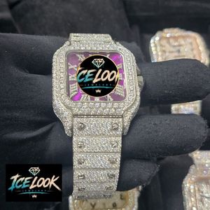 Montre mécanique à cadran carré avec bracelet en cristal, cadran violet, strass, bijoux de mode pour hommes - Product Image 3
