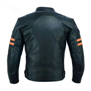 Blouson de moto unisexe en cuir noir avec bandes orange, manches longues, imperméable, coupe-vent, personnalisable, toutes saisons, pour la course - Product Image 2