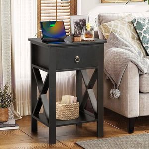 2pcs Black <b>Side</b> Intersection Style Bedside/Nightstand <b>Table</b> with Two-Layer <b>Drawer</b> Coffee <b>Table</b> - Product Image 1