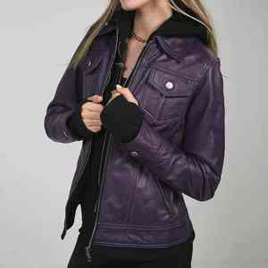 Veste de moto pour femme VITHAS INDUSTRY en cuir PU violet, coupe ajustée, coupe-vent, fermeture éclair, sans col, mode hiver, couleur unie - Product Image 2