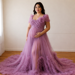 Vestido de Maternidad de Tul para Antes del Boda |   Vestido de Lujo con Cuerpo Trenzado y Lazo Decorativo, Mezcla de Algodón, para Sesión de Fotos |   Lavanda Romántica - Product Image 1