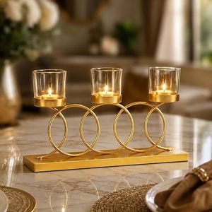 Candelabro moderno de latón con diseño de anillo y portavelas de vidrio transparente para decoración del hogar - Product Image 1