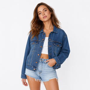 Women's Denim <b>Trucker</b> <b>Jacket</b> Full Sleeve Turn-down Collar Button Closure Denim <b>Jackets</b> Ladies Chest Pockets Casual Jeans <b>Jacket</b> - Product Image 1