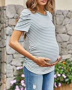 Camiseta de Maternidad a Rayas Personalizada, Tejida y Transpirable, Cuello Redondo, Manga Corta, para Verano, de Algodón, para Mujeres Embarazadas y Lactantes - Product Image 4