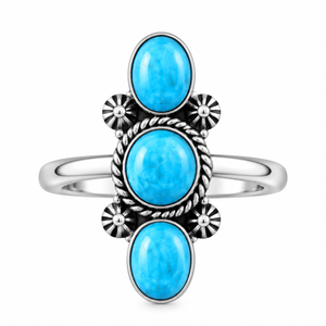 Bague en turquoise Mohave à 3 pierres, ovale, ronde, faite à la main, style bohème western, bijou unique de créateur, bague statement en pierres précieuses - Product Image 6