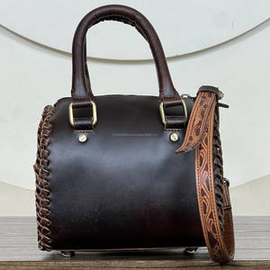 Vintage Western Genuine Cowhide <b>Leather</b> <b>Tooled</b> Floral Western Medium Boston Speedy Shoulder Handbag for Women's Custom Logo Bag - Product Image 5